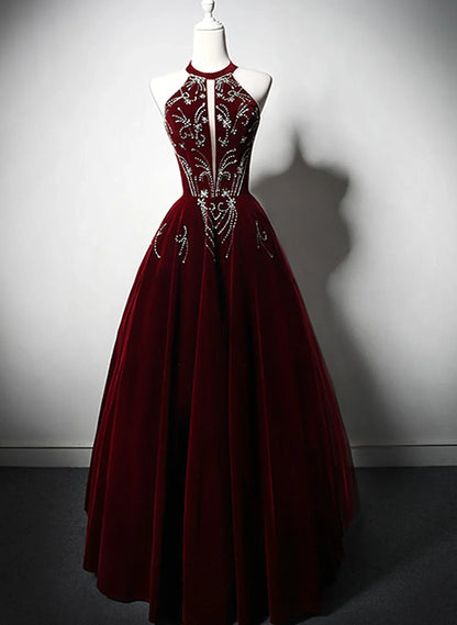 Beautiful Wine Red Velvet Long Evening Dress, Beaded Wine Red Party Dress Formal Dress TP1127