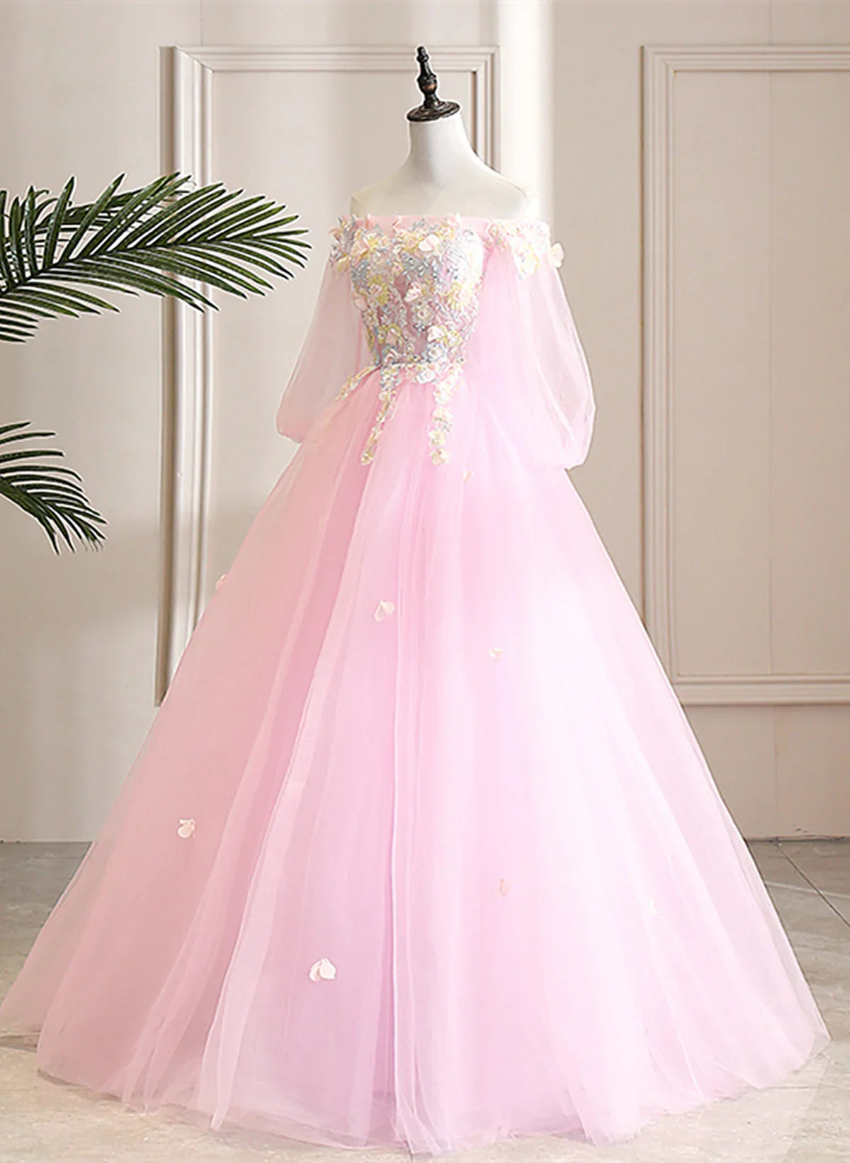 Pink Off Shoulder Tulle Ball Gown Formal Dress, Pink Flowers Party Dress Sweet 16 Dress TP1143