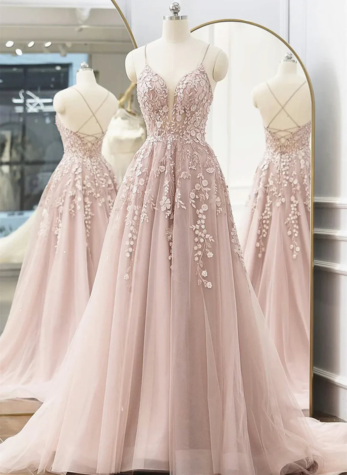 Pink Tulle A-line Long Prom Dress, Pink Tulle with Lace Party Dress Prom Dress TP1156