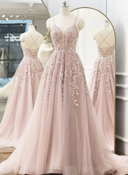 Pink Tulle A-line Long Prom Dress, Pink Tulle with Lace Party Dress Prom Dress TP1156