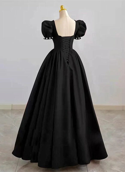 Simple Pretty Black Satin Short Sleeves Beaded Party Dress, Black Long Evening Dress TP1169
