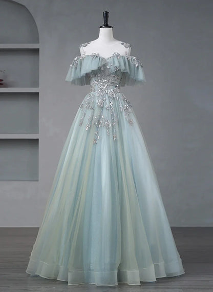 Glam Blue Tulle Sequins Lace Round Neckline Long Wedding Dress TP1175