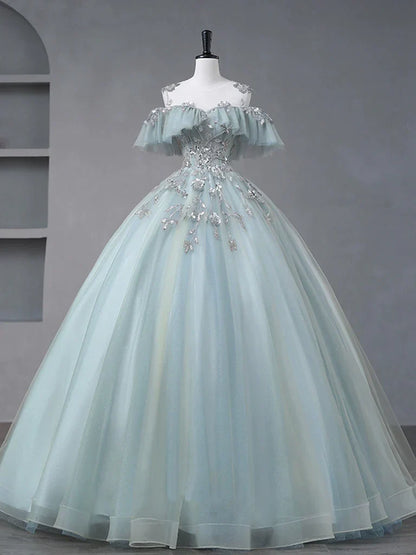 Glam Blue Tulle Sequins Lace Round Neckline Long Wedding Dress TP1175