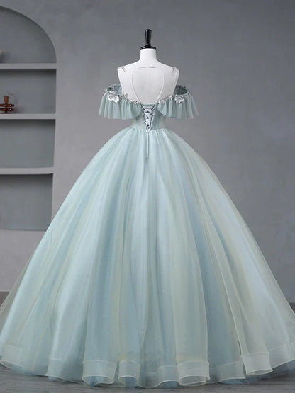 Glam Blue Tulle Sequins Lace Round Neckline Long Wedding Dress TP1175