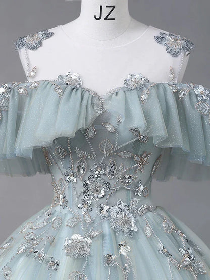 Glam Blue Tulle Sequins Lace Round Neckline Long Wedding Dress TP1175