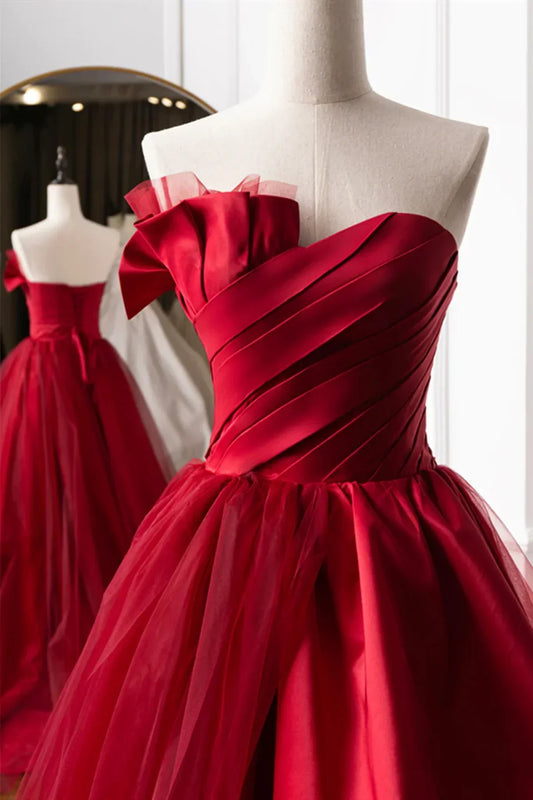 Beautiful Wine Red Sweetheart Tulle and Satin Party Dress, Wine Red Long Formal Dress TP1178