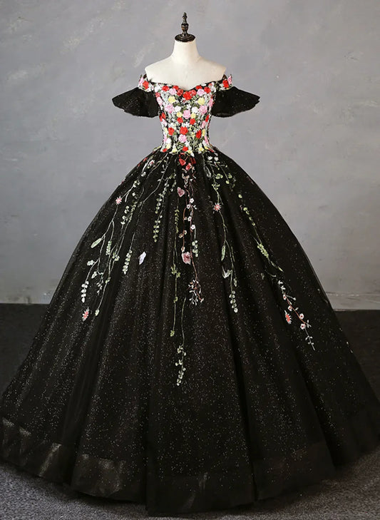 Black Tulle Ball Gown Sweetheart Formal Dress, Black Floral Sweet 16 Dress Evening Dress TP1179