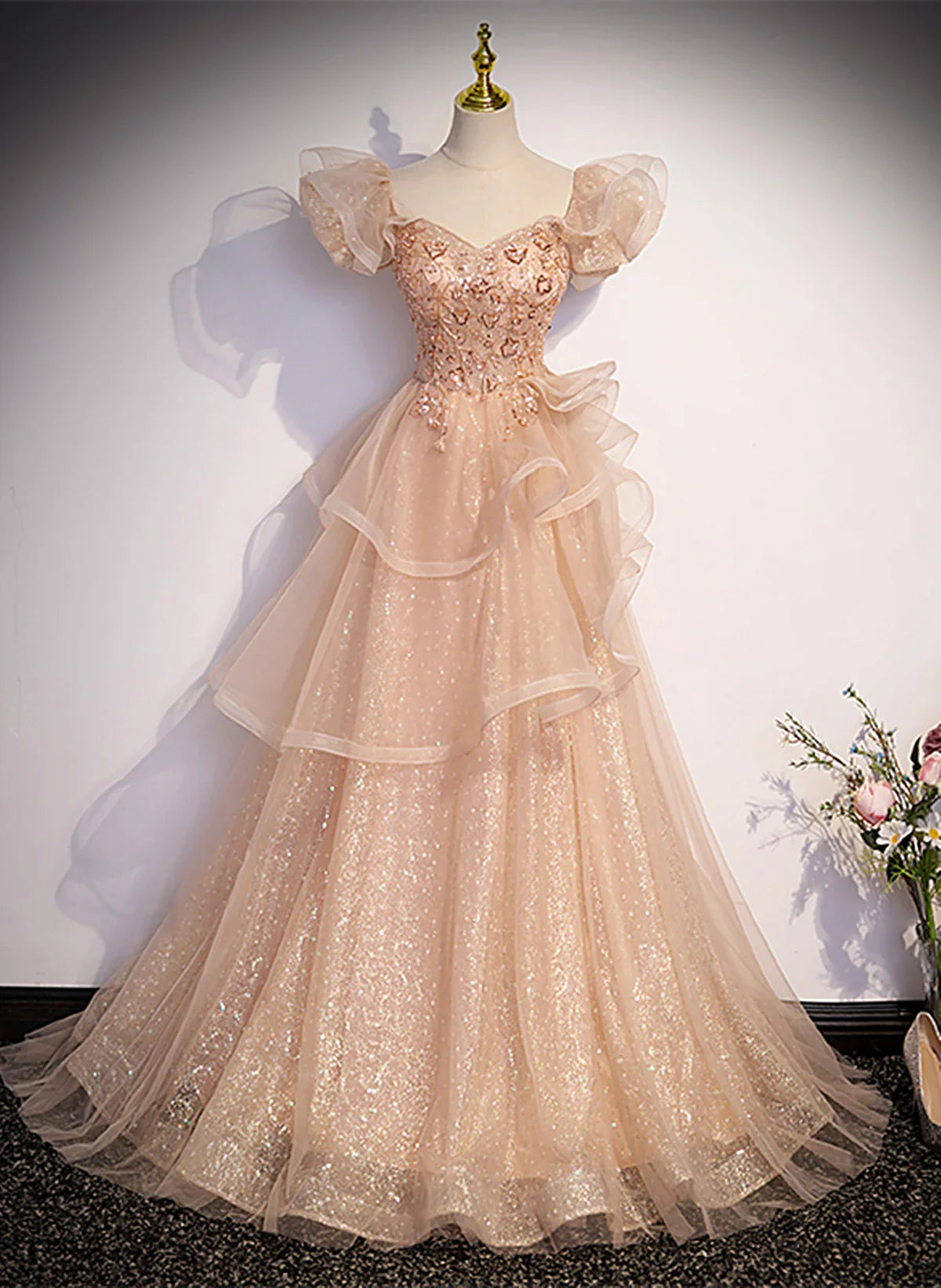 Cute A-line Shiny Tulle with Lace Off Shoulder Party Dress, Long Floor Length Prom Dress TP1183