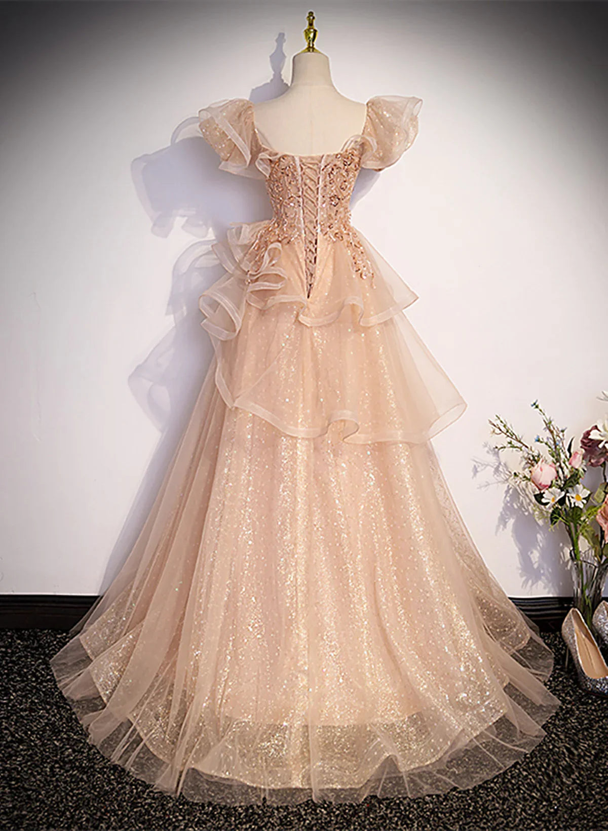 Cute A-line Shiny Tulle with Lace Off Shoulder Party Dress, Long Floor Length Prom Dress TP1183