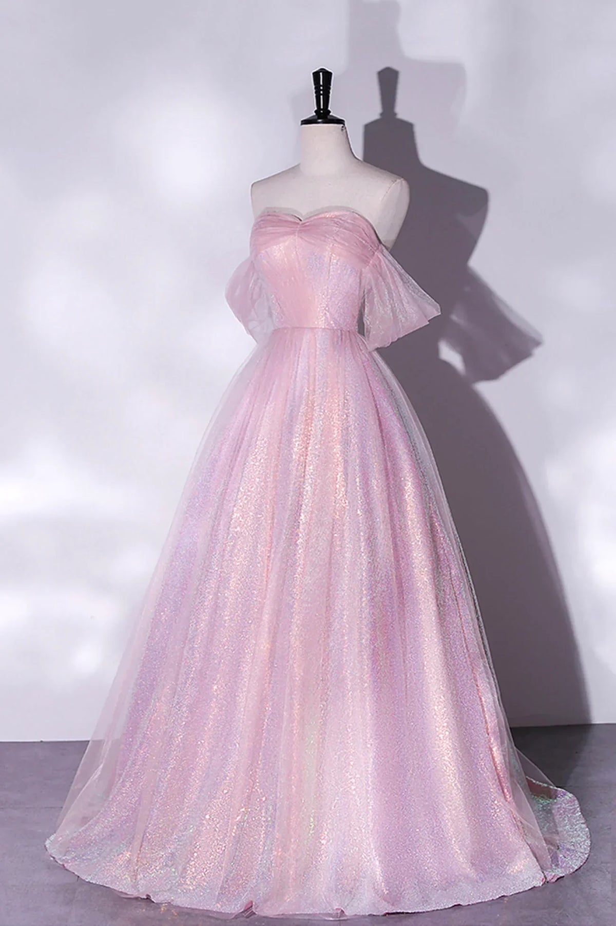 Pink Tulle and Sequins Off Shoulder Long Party Dress, Sweetheart Pink Formal Dress TP1190