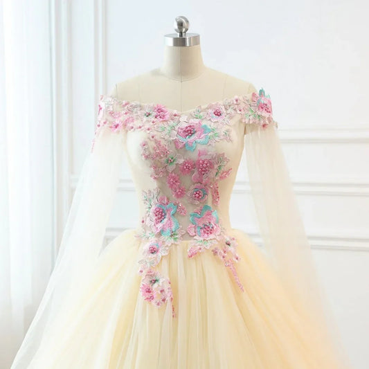 Light Champagne Off Shoulder Sweet 16 Dress, Champagne Tulle Long Formal Dress TP1213