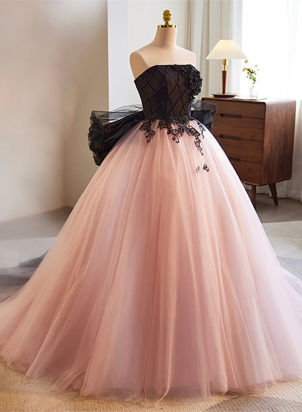 Pretty Pink and Black Ball Gown Tulle with Lace Formal Dress, Pink Sweet 16 Dresses TP1237