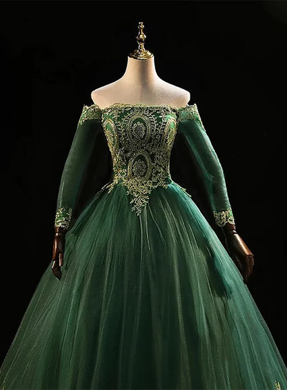 Off the Shoulder Dark Green Formal Dress, Dark Green Tulle Party Dress Evening Dress TP1240