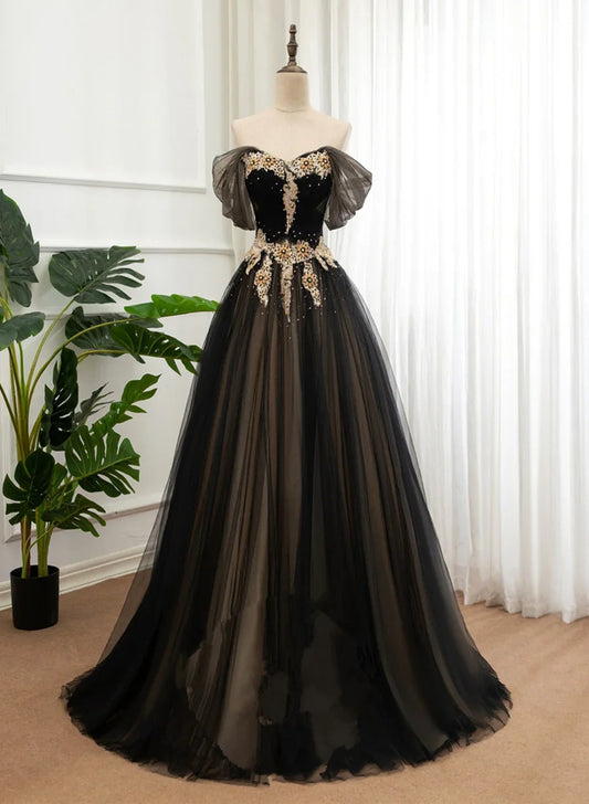 Black and Champagne Tulle Long Party Dress, Off Shoulder Formal Dress Prom Dress TP1252