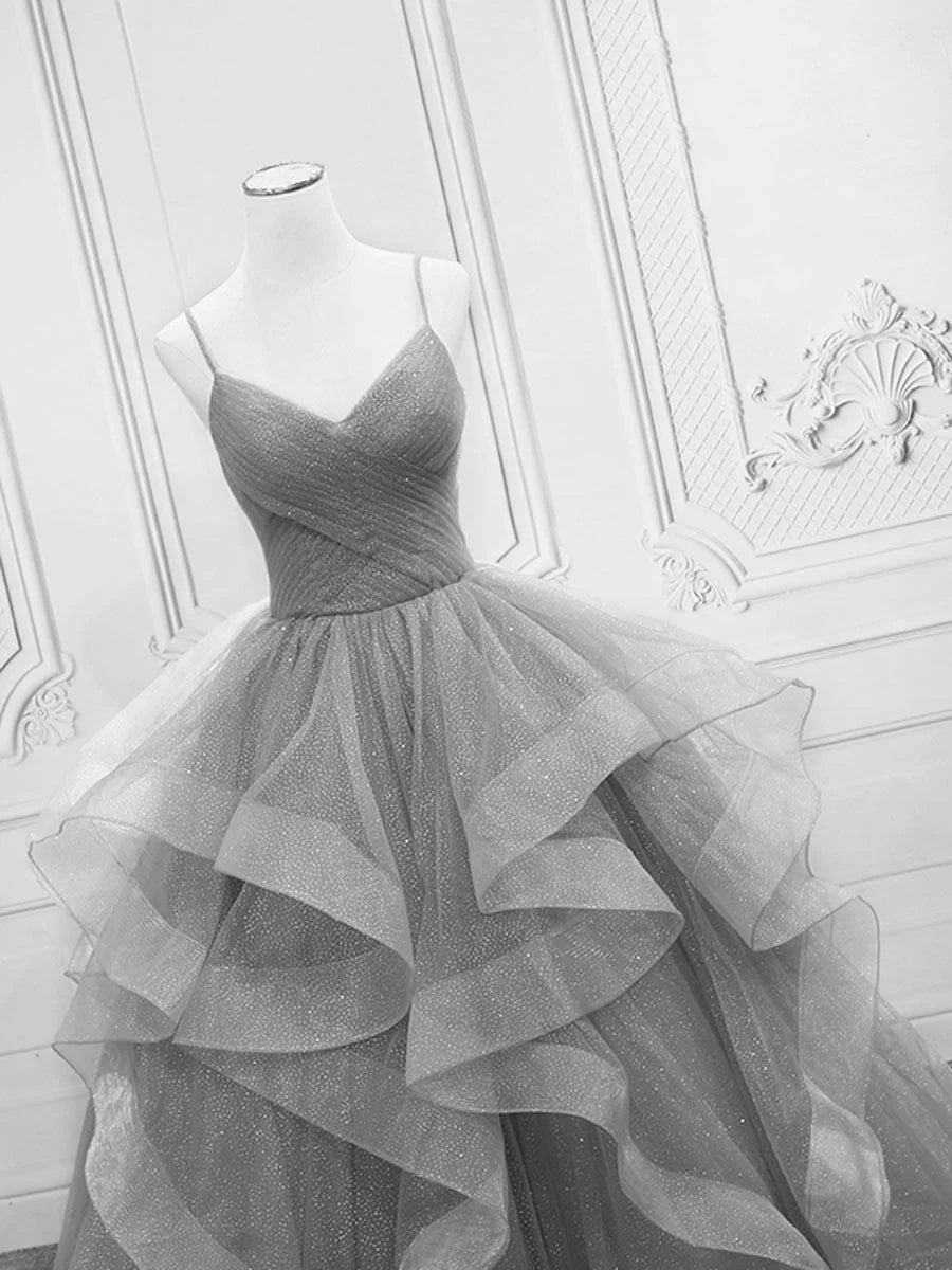 Light Grey Tulle Ball Gown Long V-neckline Formal Dress, Grey Wedding Party Dress TP1264
