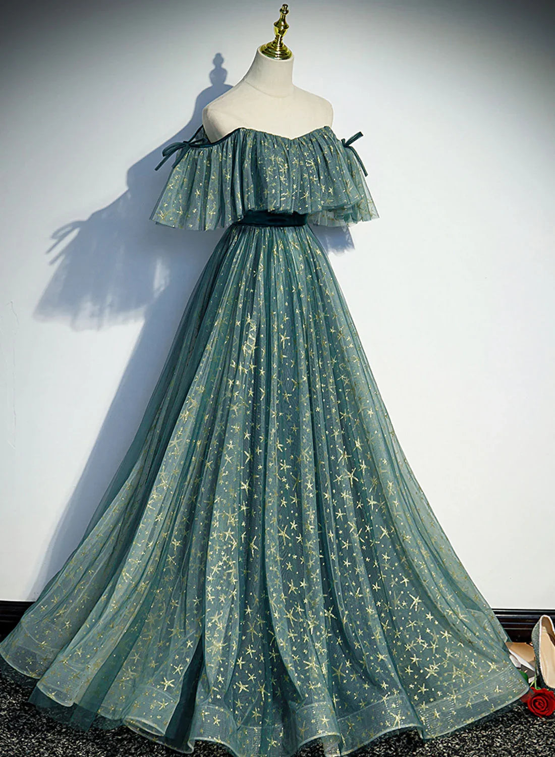 Green Off Shoulder A-line Tulle Long Formal Dress, Green Party Dress Prom Dress TP1315