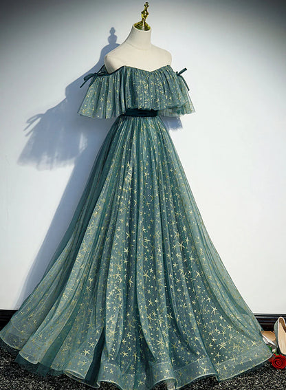 Green Off Shoulder A-line Tulle Long Formal Dress, Green Party Dress Prom Dress TP1315