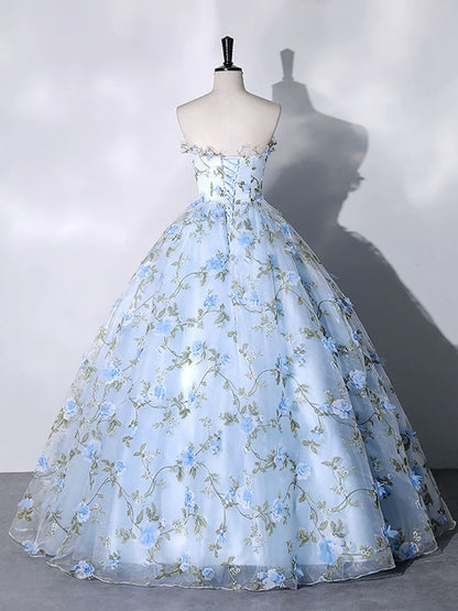 Blue Flowers Lace Ball Gown Long Formal Party Dress, Blue Evening Prom Dress TP1328