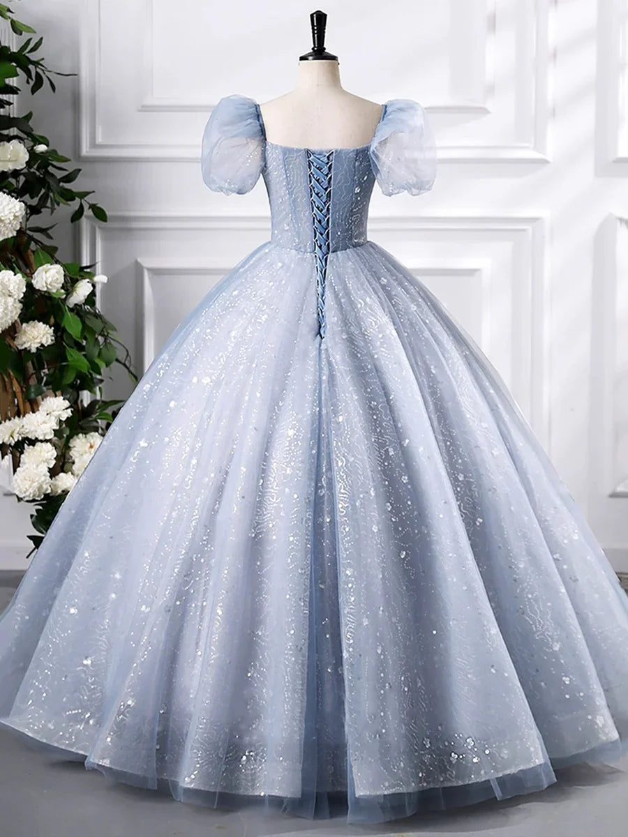 A-Line Blue Tulle Sequins Floor Length Prom Dress, Beautiful Short Sleeve Evening Party Dress TP1342