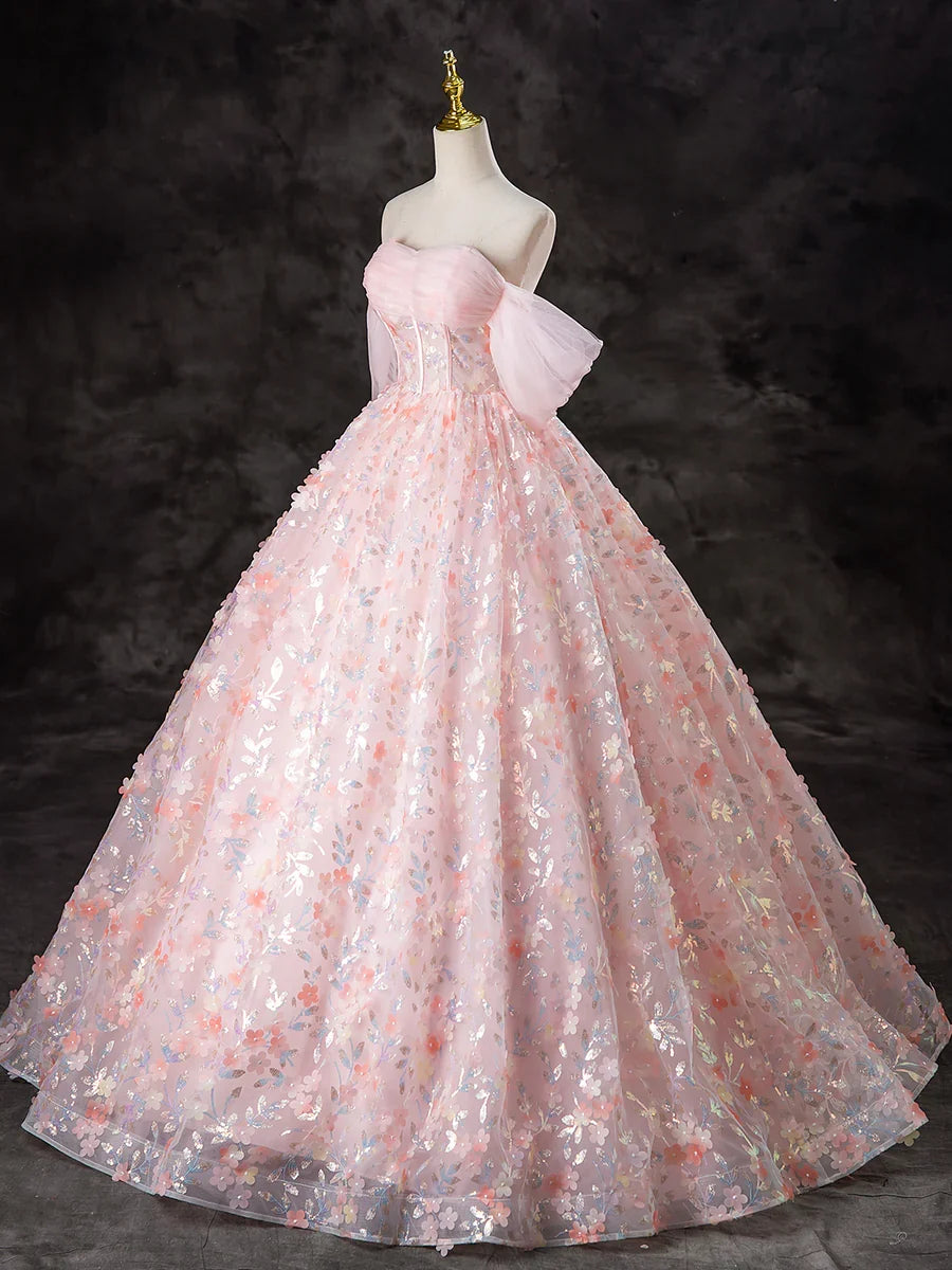 A-Line Pink Tulle Flowers Long Prom Dress, Beautiful Off the Shoulder Evening Party Dress TP1348