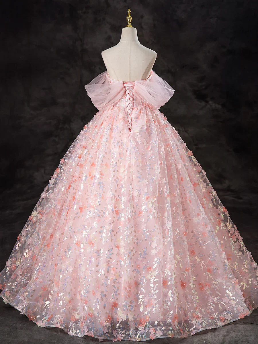 A-Line Pink Tulle Flowers Long Prom Dress, Beautiful Off the Shoulder Evening Party Dress TP1348