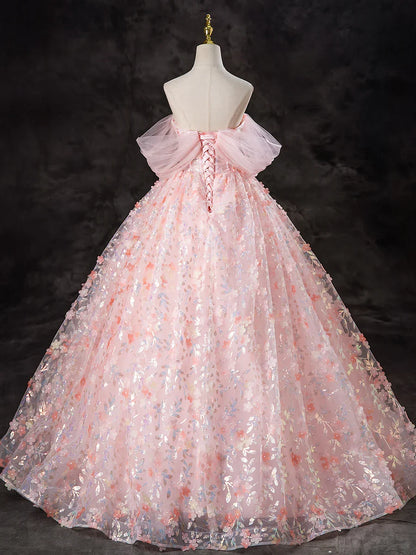 A-Line Pink Tulle Flowers Long Prom Dress, Beautiful Off the Shoulder Evening Party Dress TP1348