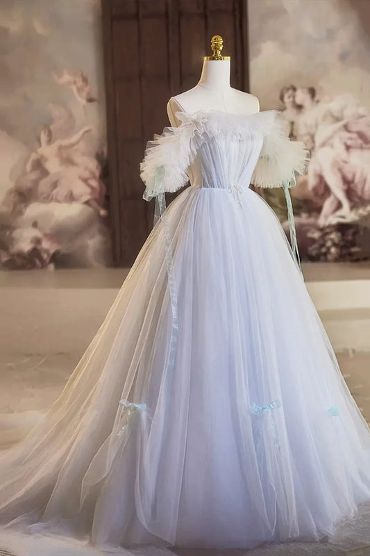 A-Line Tulle Floor Length Prom Dress, Off the Shoulder Blue Evening Party Dress TP1358