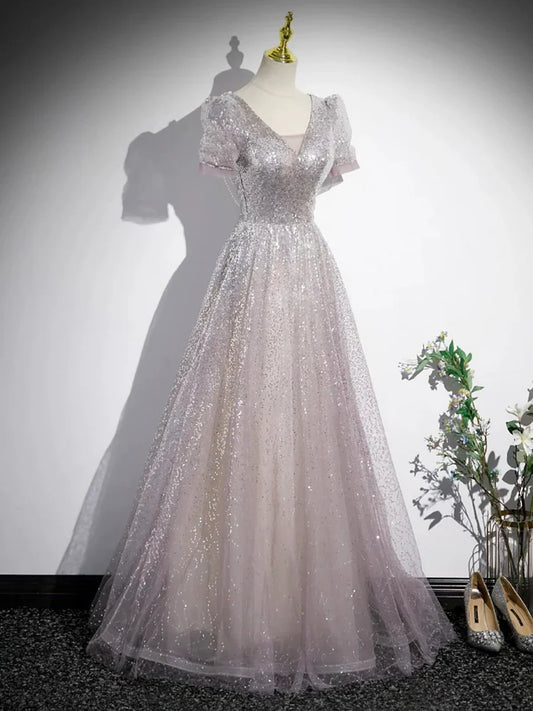 A-Line Tulle Sequins Floor Length Prom Dress, Beautiful Short Sleeve Party Dress TP1366