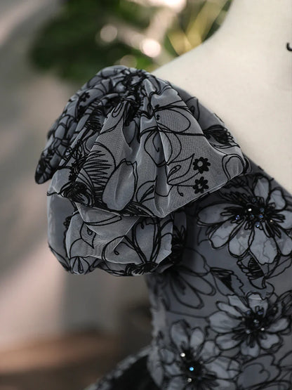 Beautiful Black Rhinestone Flower Prom Dress, Black V-Neck Short Sleeve Evening Dress TP1367