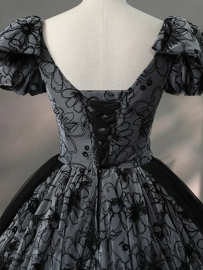 Beautiful Black Rhinestone Flower Prom Dress, Black V-Neck Short Sleeve Evening Dress TP1367