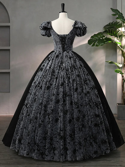 Beautiful Black Rhinestone Flower Prom Dress, Black V-Neck Short Sleeve Evening Dress TP1367