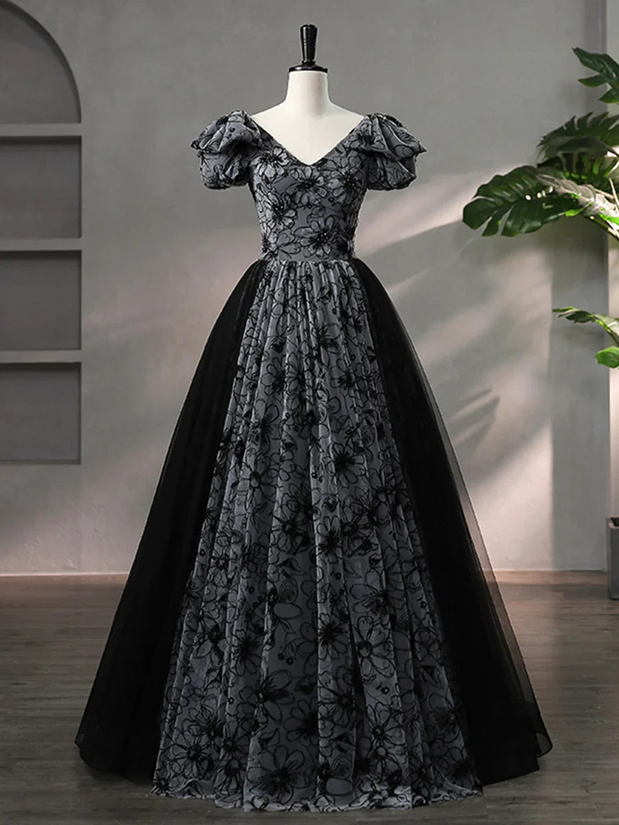 Beautiful Black Rhinestone Flower Prom Dress, Black V-Neck Short Sleeve Evening Dress TP1367