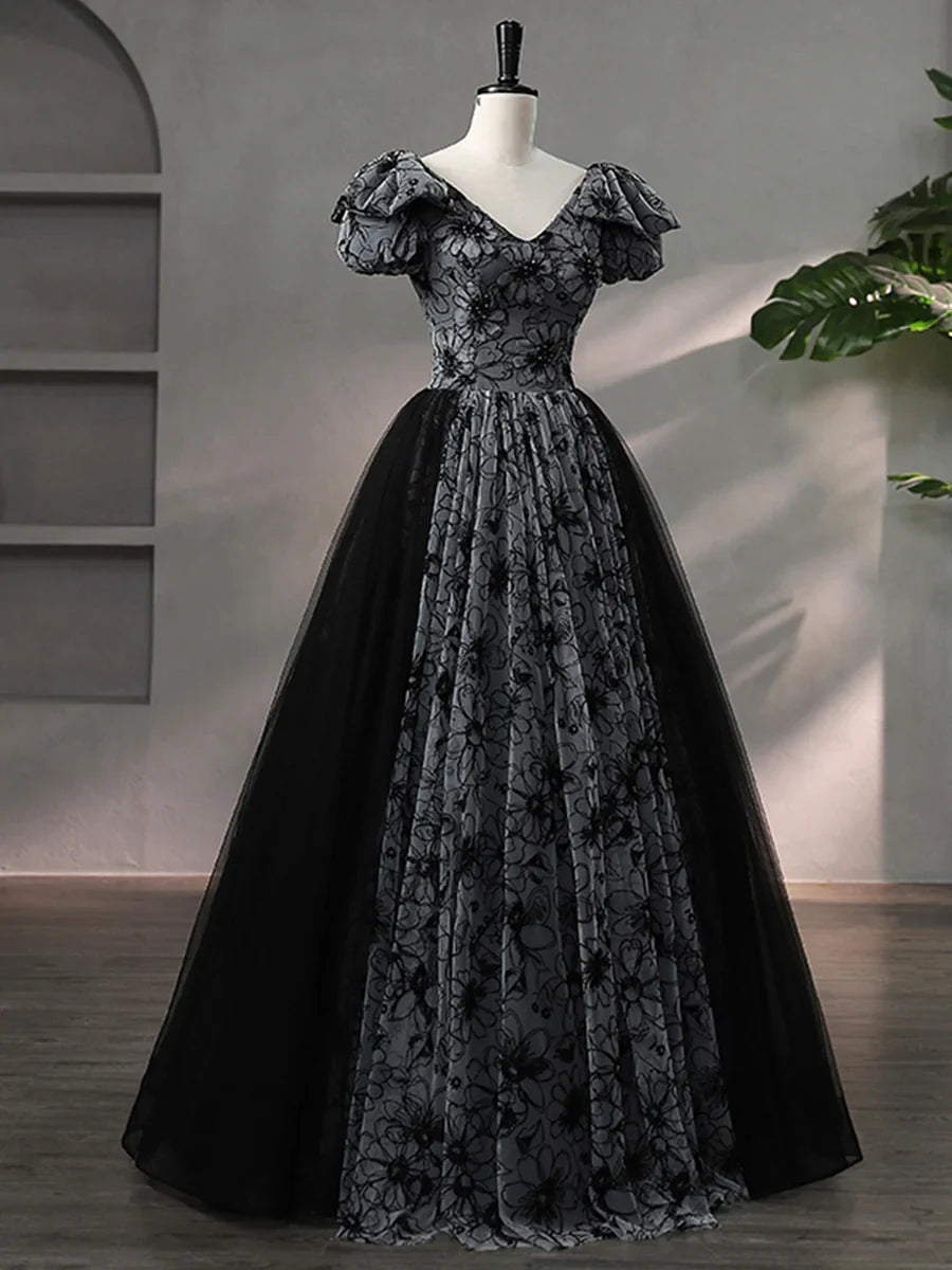 Beautiful Black Rhinestone Flower Prom Dress, Black V-Neck Short Sleeve Evening Dress TP1367