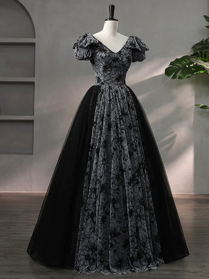 Beautiful Black Rhinestone Flower Prom Dress, Black V-Neck Short Sleeve Evening Dress TP1367