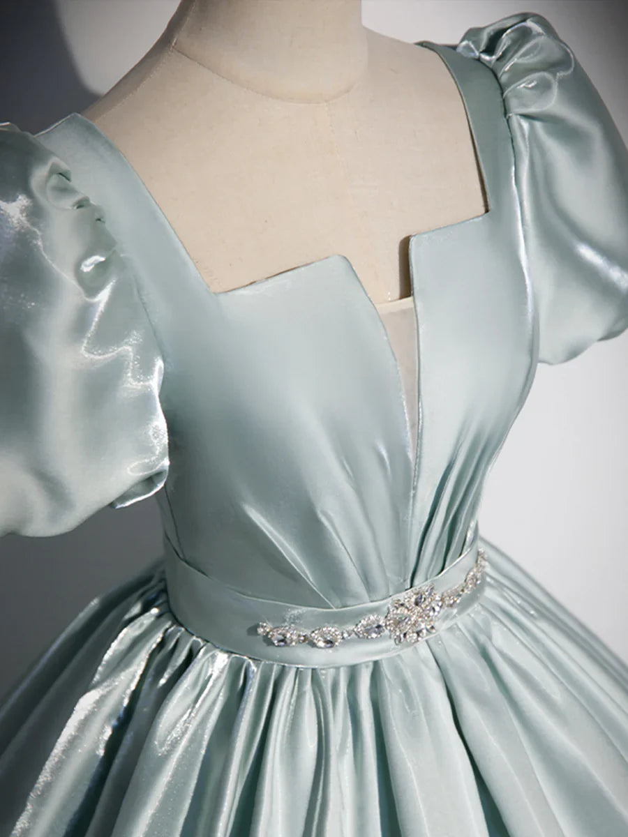 Beautiful Satin Floor Length Prom Dress, A-Line Short Sleeve Evening Party Dress TP1372