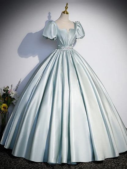 Beautiful Satin Floor Length Prom Dress, A-Line Short Sleeve Evening Party Dress TP1372