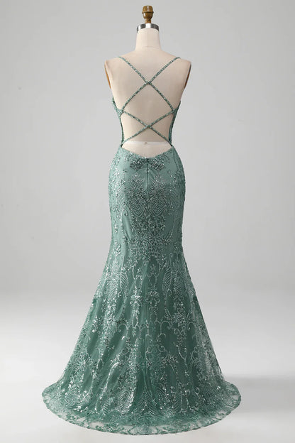 Spaghetti Staps Sparkly Grey Green Prom Dress with Beading TP1381