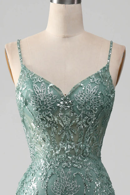 Spaghetti Staps Sparkly Grey Green Prom Dress with Beading TP1381