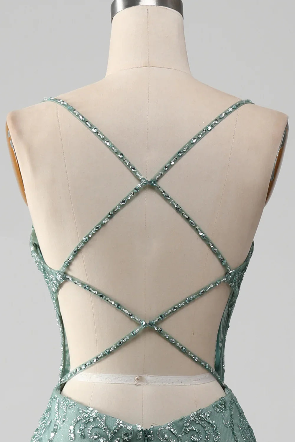 Spaghetti Staps Sparkly Grey Green Prom Dress with Beading TP1381