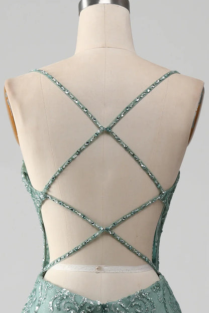 Spaghetti Staps Sparkly Grey Green Prom Dress with Beading TP1381