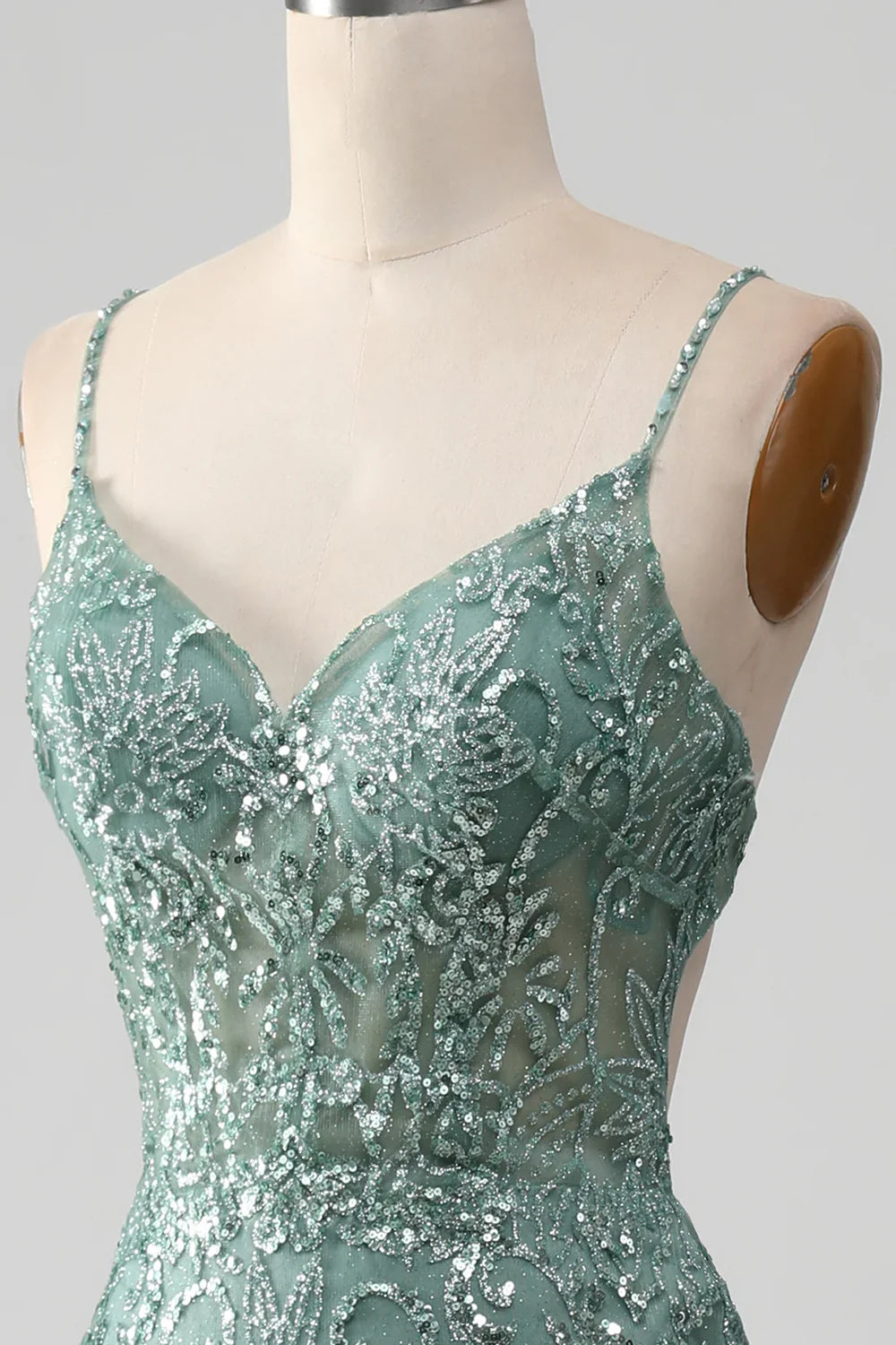 Spaghetti Staps Sparkly Grey Green Prom Dress with Beading TP1381