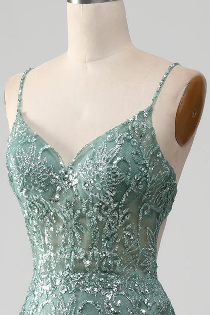 Spaghetti Staps Sparkly Grey Green Prom Dress with Beading TP1381