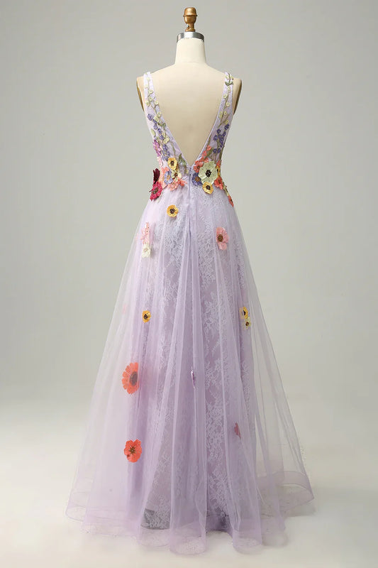 A Line Deep V Neck Lavender Long Prom Dress with Appliques TP1393