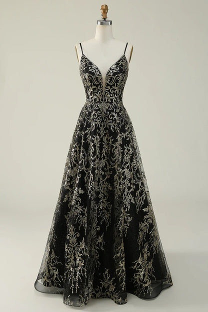 Black Golden Spaghetti Straps Long Prom Dress TP1397
