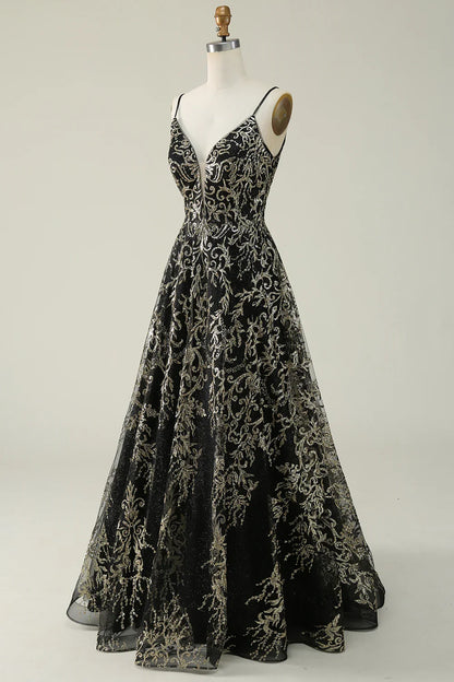 Black Golden Spaghetti Straps Long Prom Dress TP1397