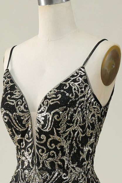 Black Golden Spaghetti Straps Long Prom Dress TP1397