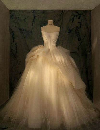 Champagne Strapless Heart Neck Tulle Floor Length Wedding Dresses TP1428