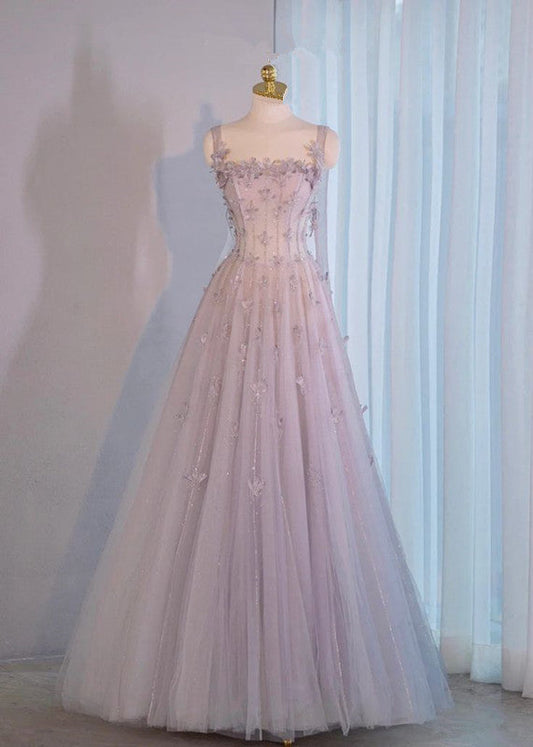 Mauve Cute Sweetheart Straps A-Line Tulle Long Evening Gowns  TP1456