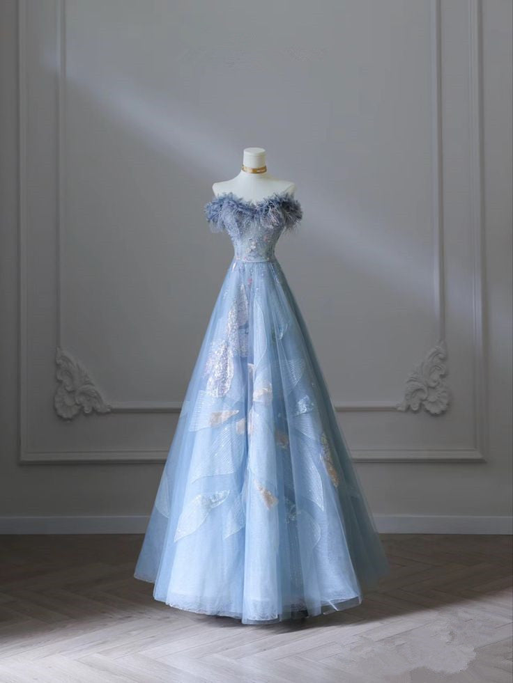Blue A-Line Strapless Heart Neck Tulle Long Evening Dresses  TP1458