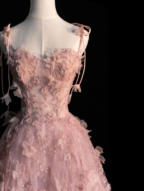 Pink A-Line Spaghetti Strap Tulle Long Evening Dresses  TP1462